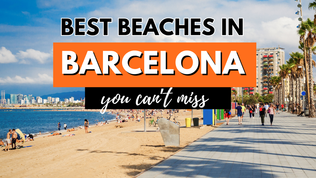 Best beaches in Barcelona banner showing a lively beachfront, promenade, and city skyline