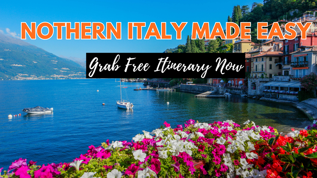 Banner for a Northern Italy travel itinerary guide featuring Lake Como and colorful flowers.
